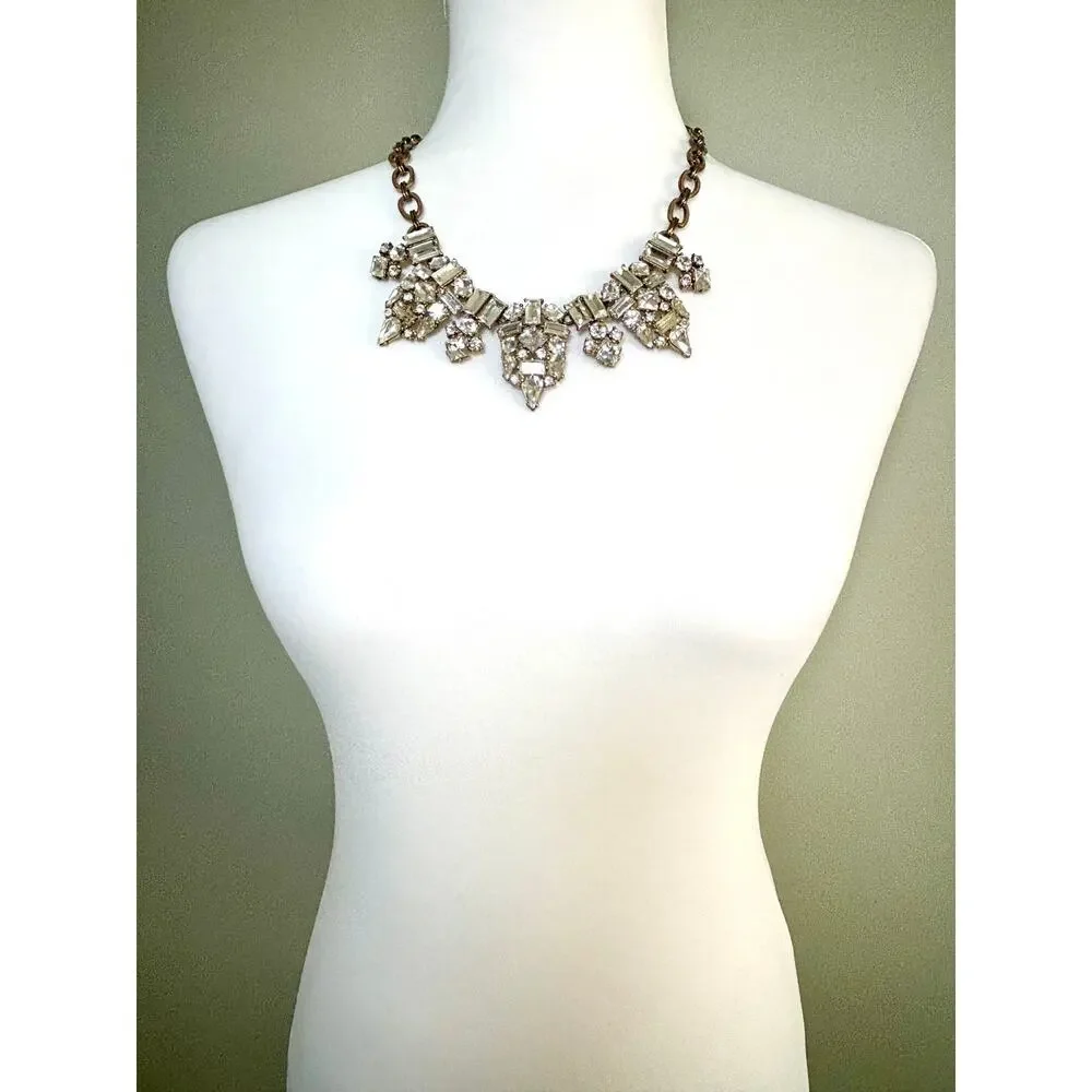 Vintage J. Crew Gold Tone Crystal Cluster Statement Necklace EUC